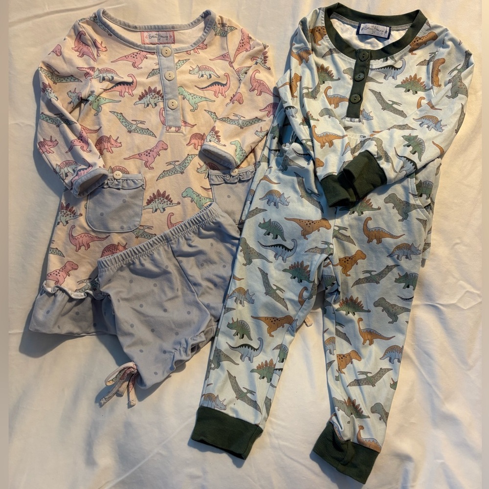 2 Outfit Bundle - Sweet Honey 2T Sibling/Twin Dinosaur Pajama Sets